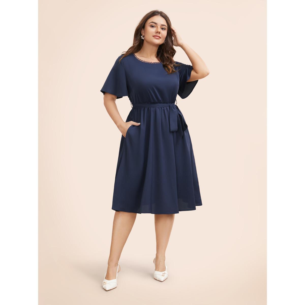 Plus Size Round Neck Lace Patchwork Ruffle Sleeve Dress DarkBlue Women Elegant Woven ribbon&lace trim Round Neck Short sleeve Curvy BloomChic 10/M Product Image