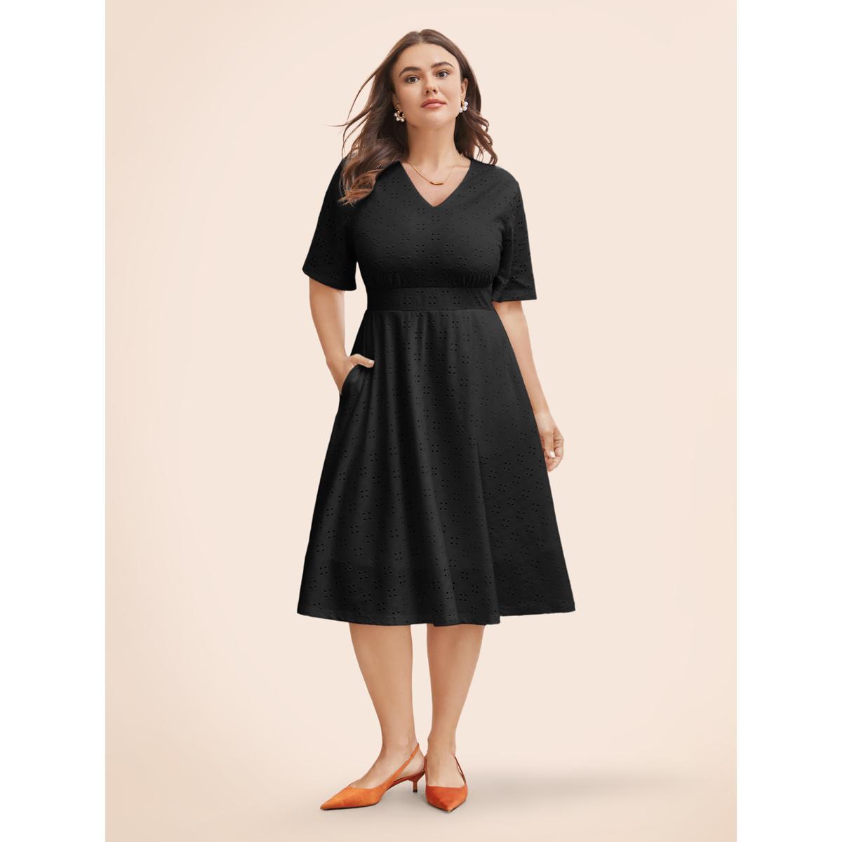 Plus Size Solid Pocket Laser Cut Surplice Neck Knee Dress Black Women Elegant Pocket V-neck Short sleeve Curvy Knee Dress BloomChic 30/6X Product Image