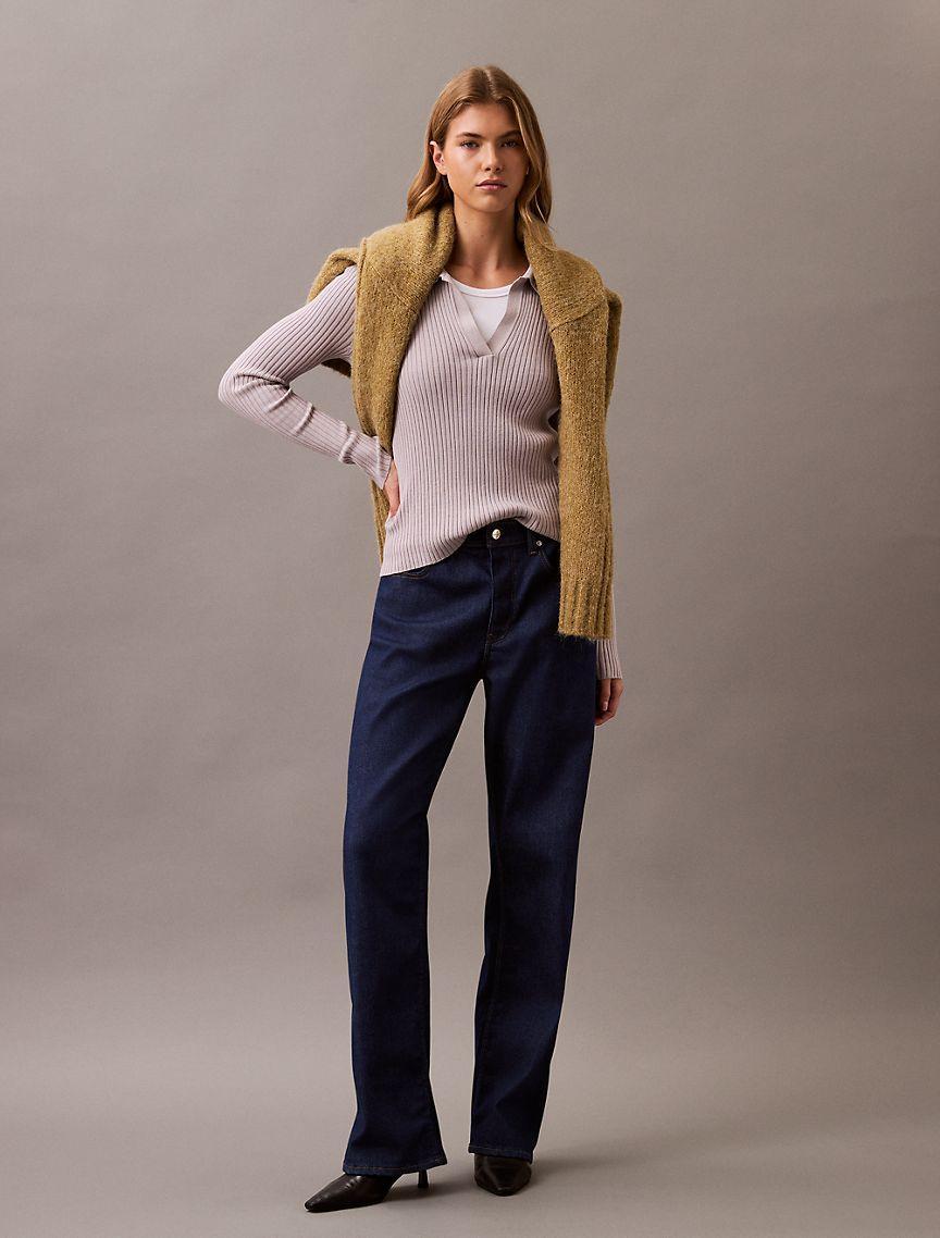 Smooth Cotton Rib Long Sleeve Polo Sweater Product Image