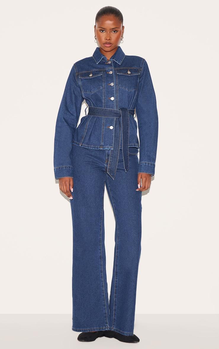 Dark Blue Contrast Stitch Cinched Waist Belted Denim Jacket Product Image