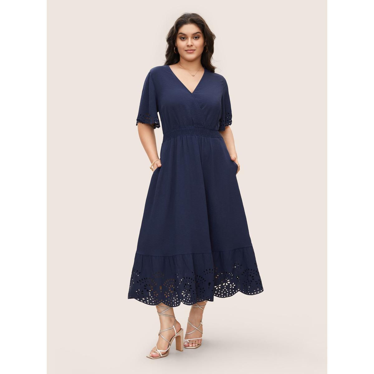 Plus Size Solid Laser Cut Shirred Pocket Wrap Scalloped Trim Flutter Dress Navy Women Elegant Non V-neck Short sleeve Curvy Midi Dress BloomChic 18-20/2X Product Image