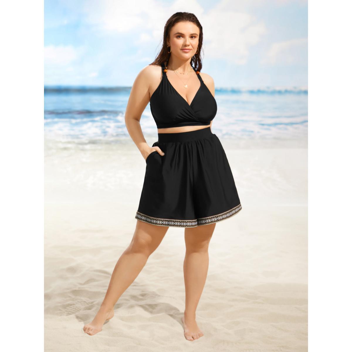 Plus Size Contrast Webbing Elastic Waist Pocket Swim Bottom Women's Swimwear Black Beach Woven ribbon&lace trim High stretch Bodycon High Rise Side seam pocket Curve Swim Bottoms BloomChic 28/5X Product Image