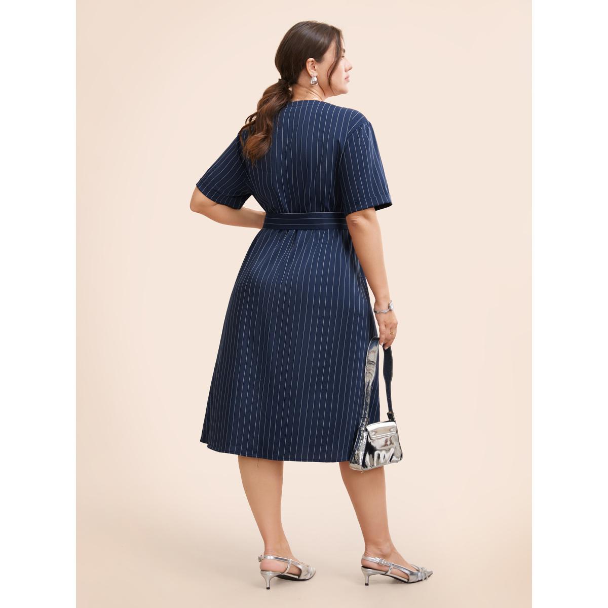 Plus Size Striped Notched Button Detail Belted Dress Navy Women At the Office Belted Flat collar with V-notch Short sleeve Curvy BloomChic 10/M Product Image