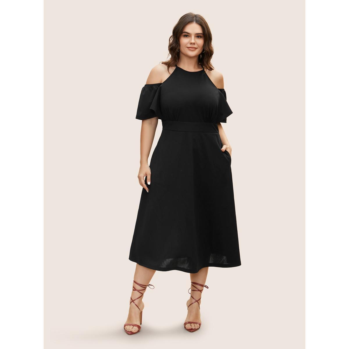 Plus Size Cold Shoulder Flutter Sleeve Midi Dress Black Women At the Office Gathered Round Neck Short sleeve Curvy BloomChic 26/4X Product Image