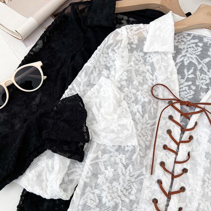 Flower Embroidered Lace-Up Lace Shirt Product Image