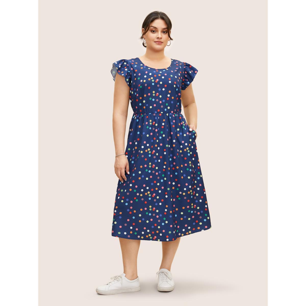Plus Size Colored Polka Dot Tie Knot Ruffle Cap Sleeve Dress DarkBlue Women Casual Tie knot Round Neck Cap Sleeve Curvy BloomChic 18-20/2X Product Image