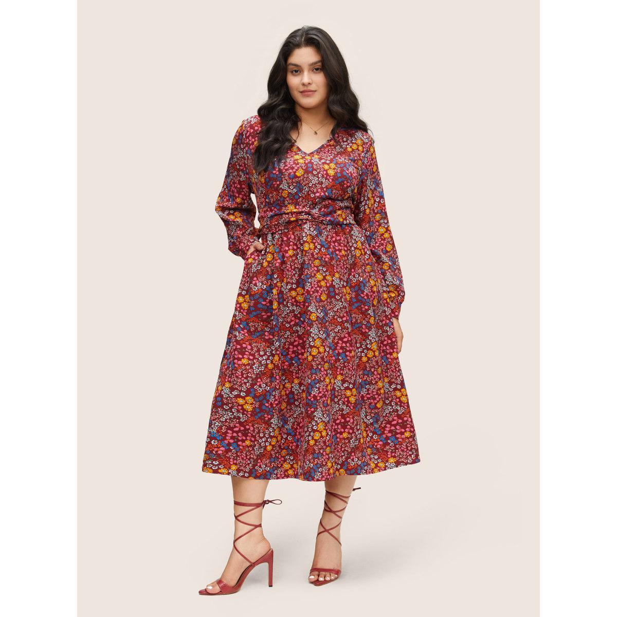 Plus Size Ditsy Floral Twist Front Lantern Sleeve Dress Maroon Women Elegant Non V-neck Long Sleeve Curvy Midi Dress BloomChic 14-16/1X Product Image