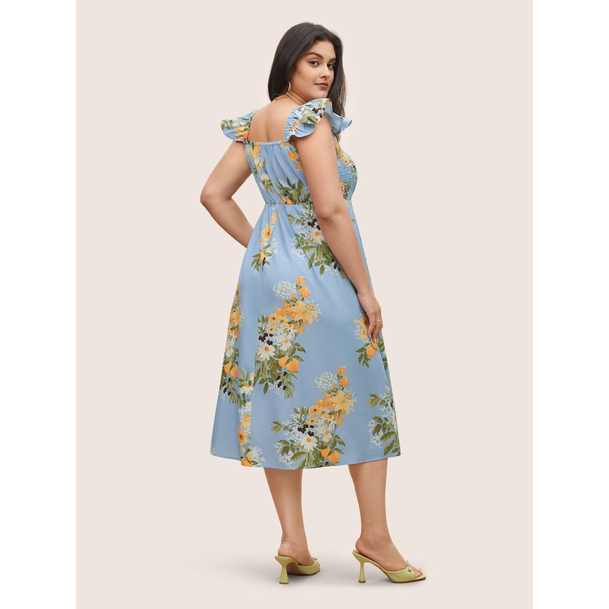 Plus Size Citrus Oranges Print Shirred Ruffle Trim Split Hem Dress Stone Women Elegant Non Square Neck Sleeveless Curvy Midi Dress BloomChic 18-20/2X Product Image