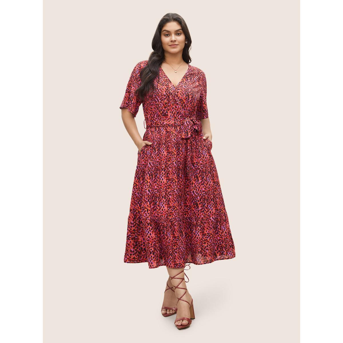 Plus Size Allover Print Elastic Waist Belted Wrap Dress RedViolet Women Elegant Non Overlap Collar Short sleeve Curvy Midi Dress BloomChic 26/4X Product Image