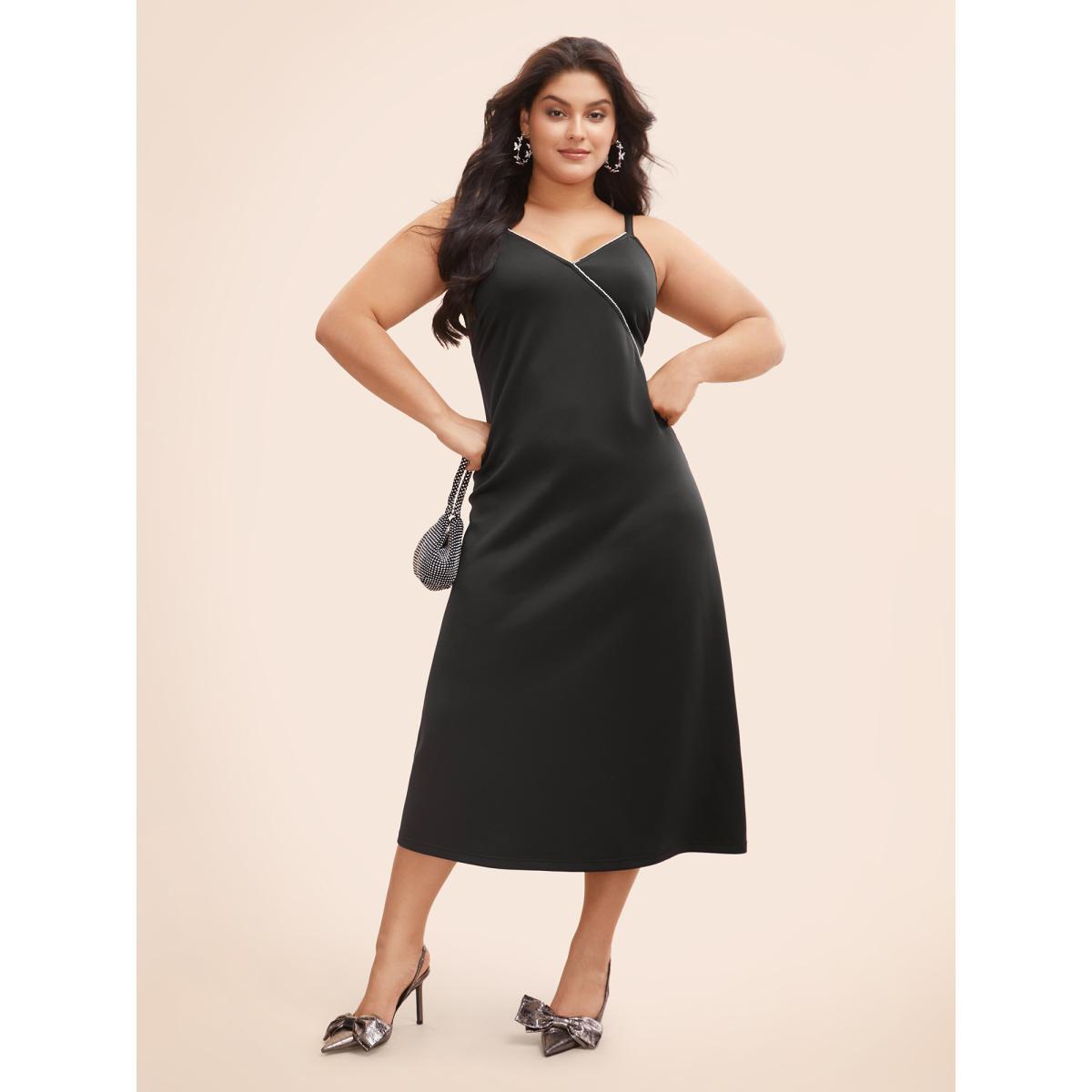 Plus Size Rhinestone Detail Overlap Collar Cami Dress Black Women Cocktail Rhinestone detailing Overlap Collar Sleeveless Curvy BloomChic 26/4X Product Image
