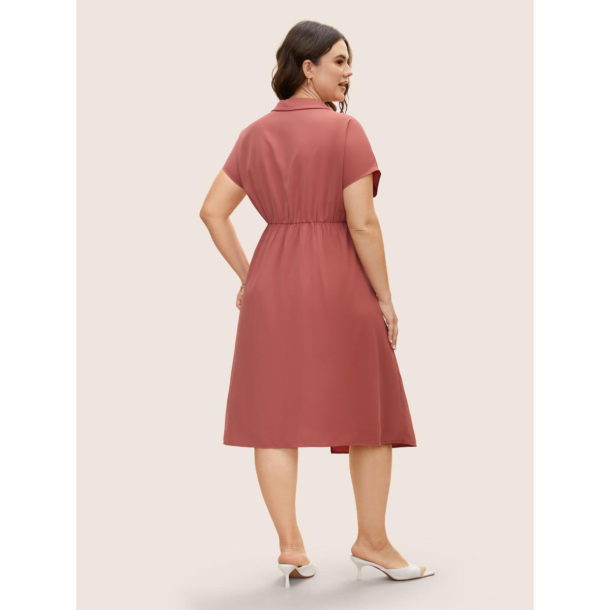 Plus Size Anti-Wrinkle Solid Shirt Collar Wrap Hem Dress Salmon Women At the Office Asymmetrical Shirt collar Short sleeve Curvy BloomChic 22-24/3X Product Image