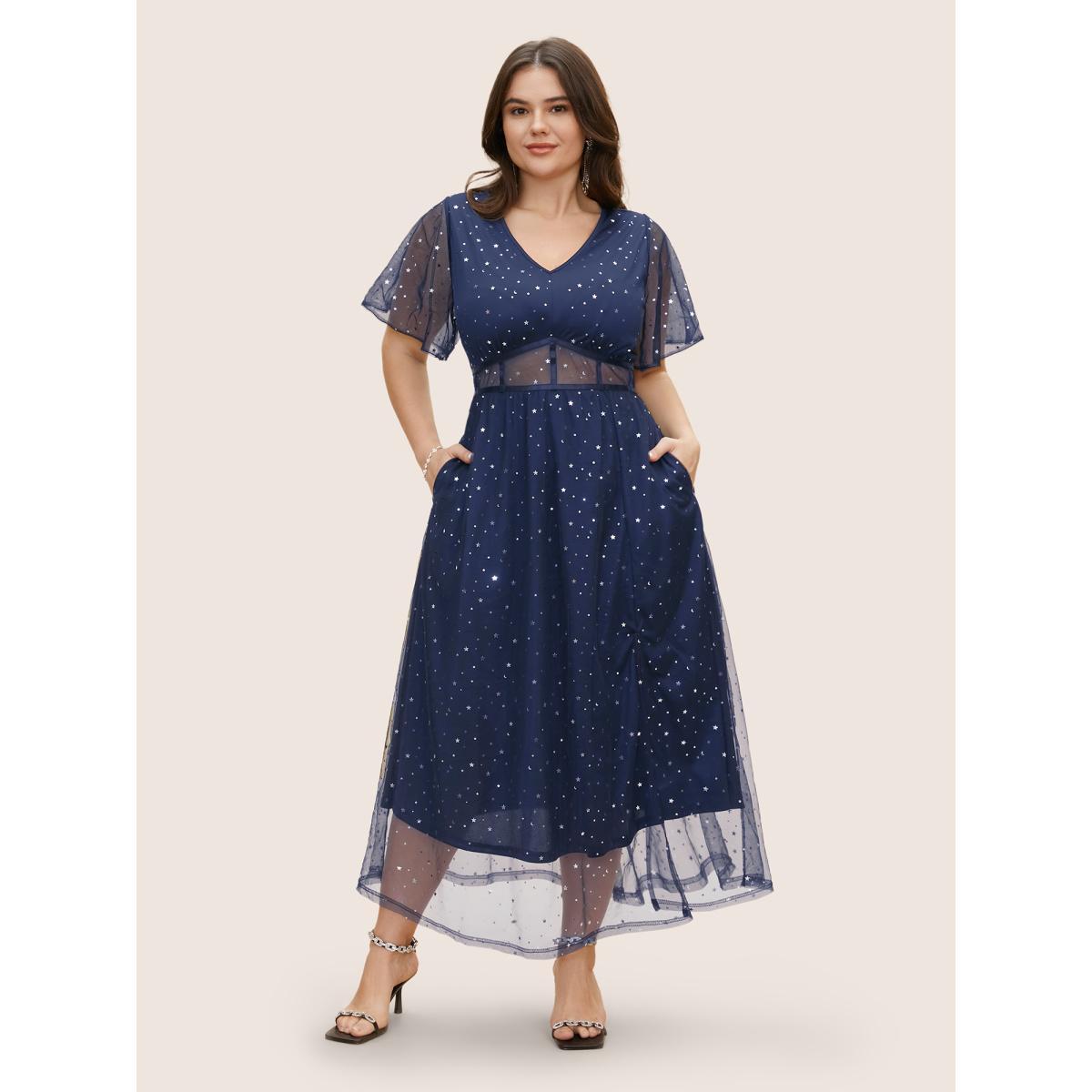 Plus Size Glitter Star Mesh Patchwork Split Hem Dress Navy Women Cocktail See through V-neck Short sleeve Curvy BloomChic 30/6X Product Image