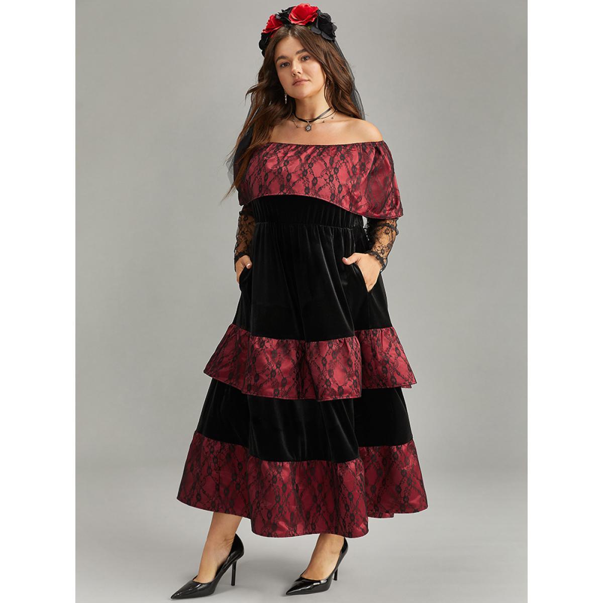 Plus Size Off Shoulder Lace Insert Mesh Layered Dress Black Women Elegant See through One-shoulder neck Long Sleeve Curvy Midi Dress BloomChic 26/4X Product Image