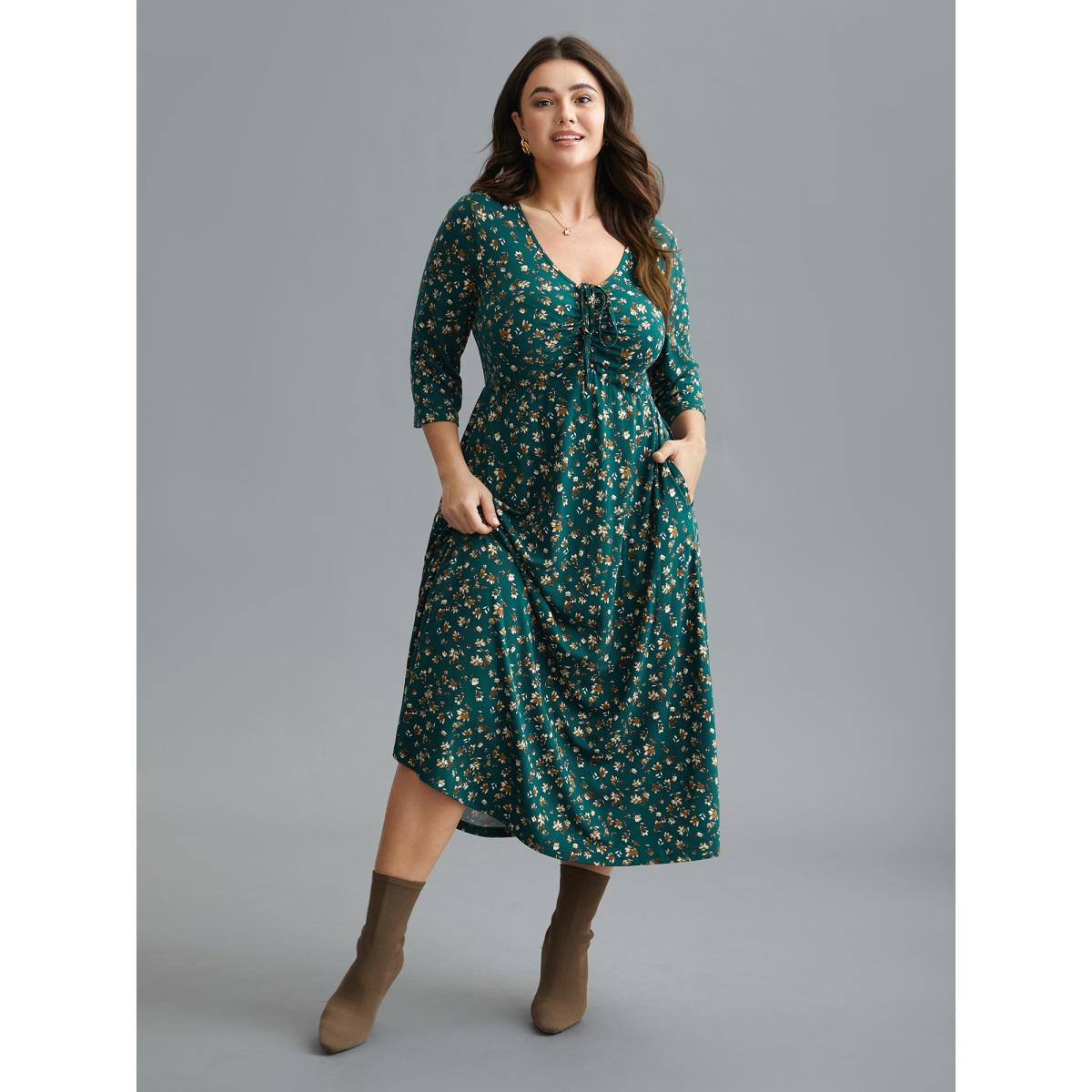 Plus Size Ditsy Floral Chest Drawstring Midi Dress DarkGreen Women Elegant Drawstring Knit Dresses Bloomchic 28/5X Product Image