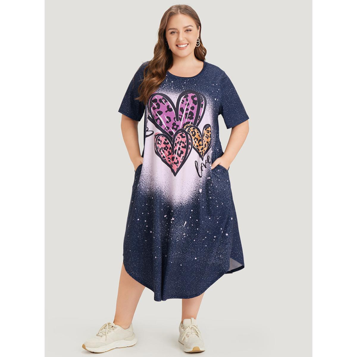 Plus Size Leopard Heart Print Pocket Arc Hem Graphic Tee Dress Stone Women Casual Printed Round Neck Short sleeve Curvy Midi Dress BloomChic 18-20/2X Product Image