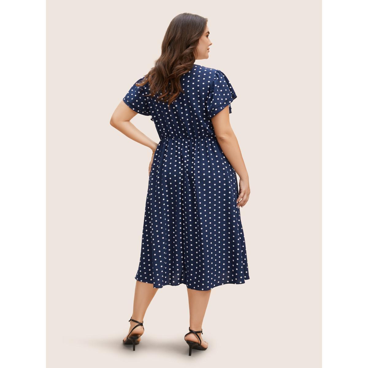 Plus Size Polka Dot Ruffle Cap Sleeve Button Detail Dress Navy Women Elegant Gathered V-neck Cap Sleeve Curvy BloomChic 22-24/3X Product Image