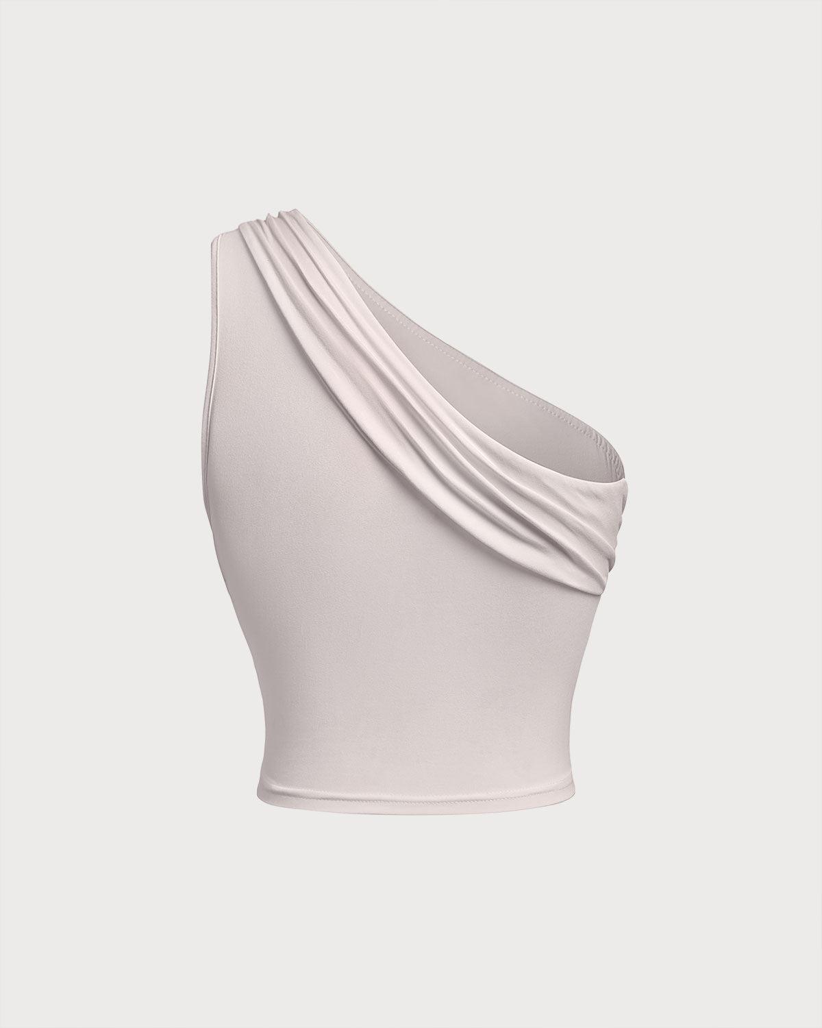 Beige Ruched One Shoulder Tank Top Product Image