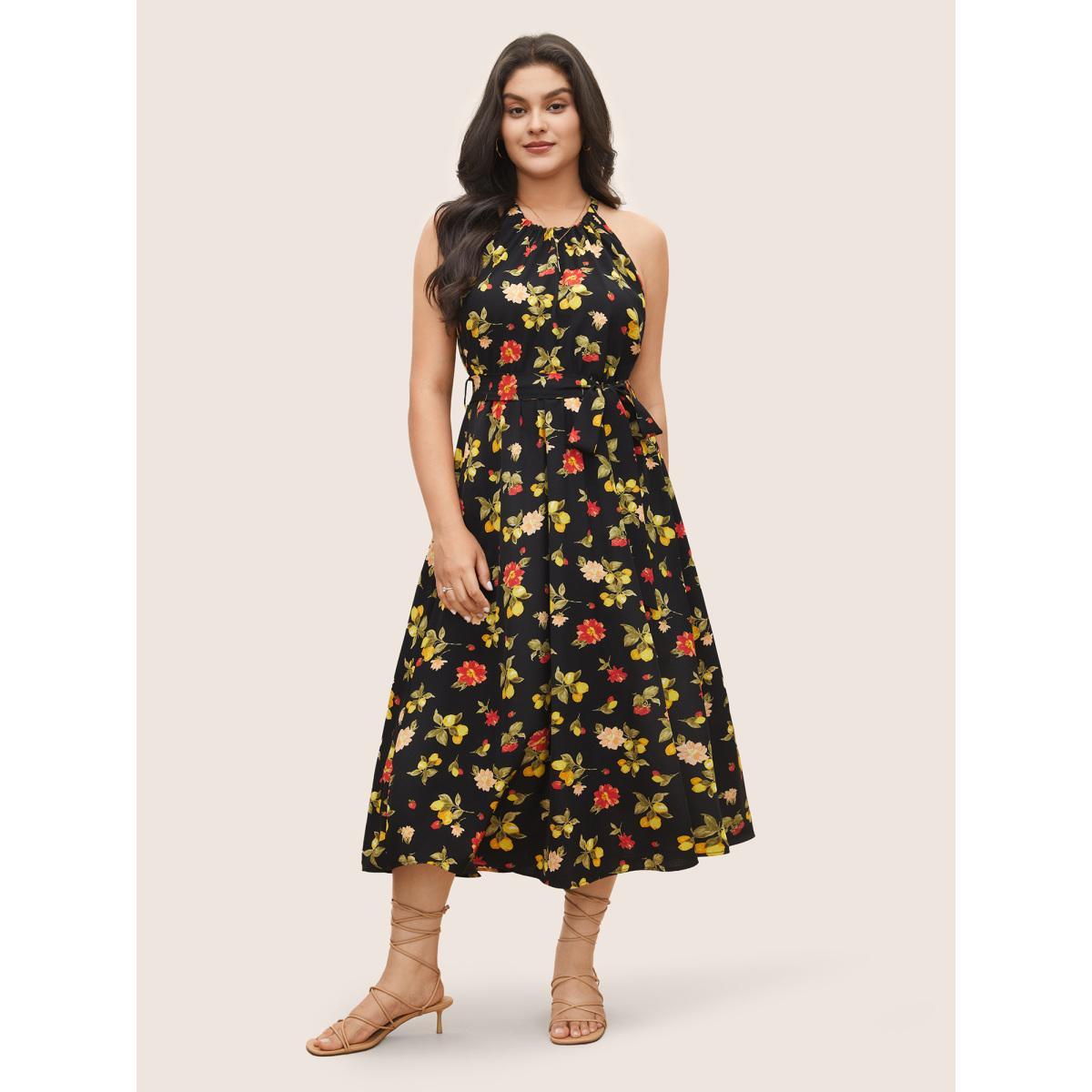 Plus Size Citrus Lemon & Floral Print Belted Halter Dress Black Women Elegant Non Halter neck Sleeveless Curvy Midi Dress BloomChic 14-16/1X Product Image