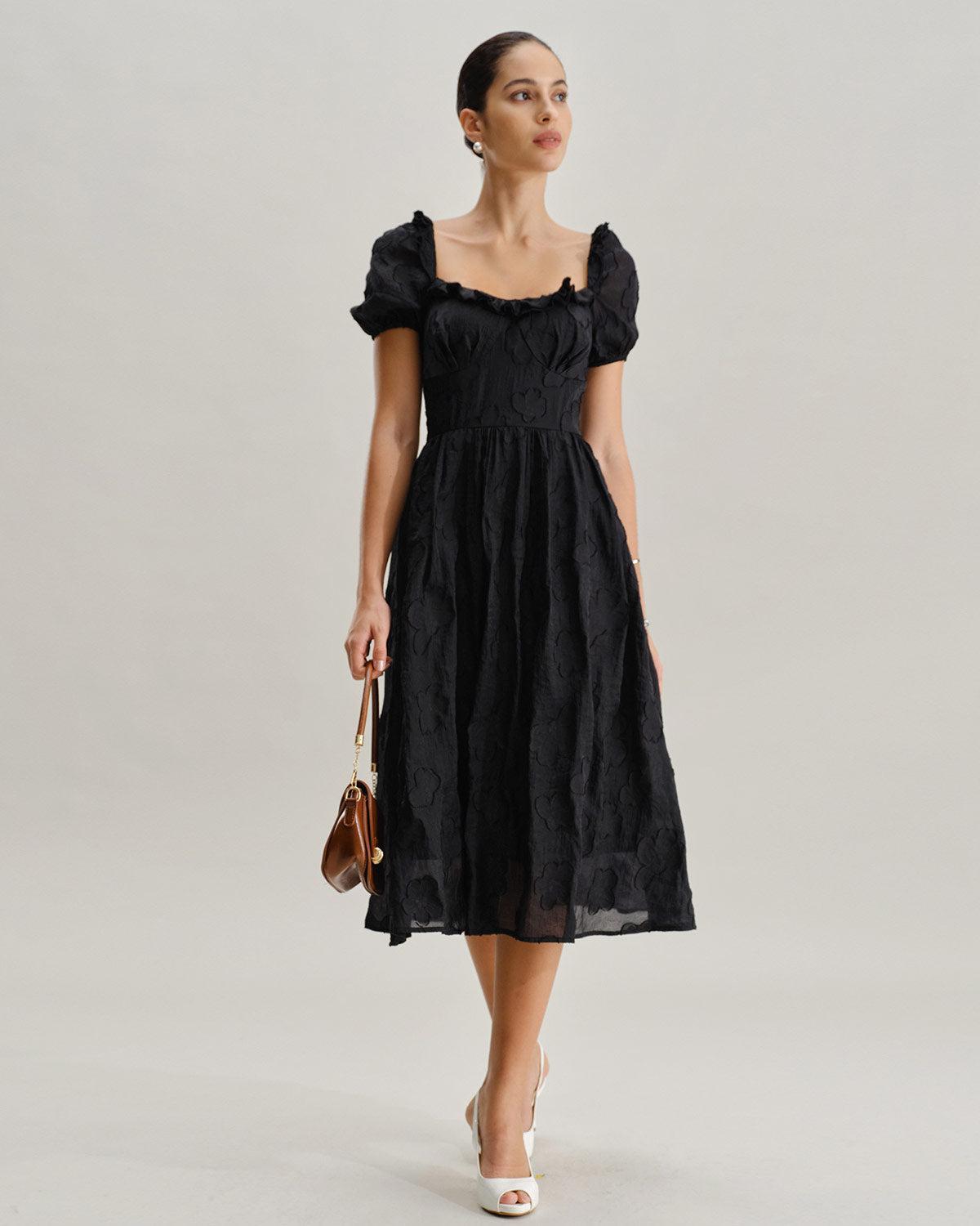 Black Square Neck Puffed Sleeve Midi Dress Product Image