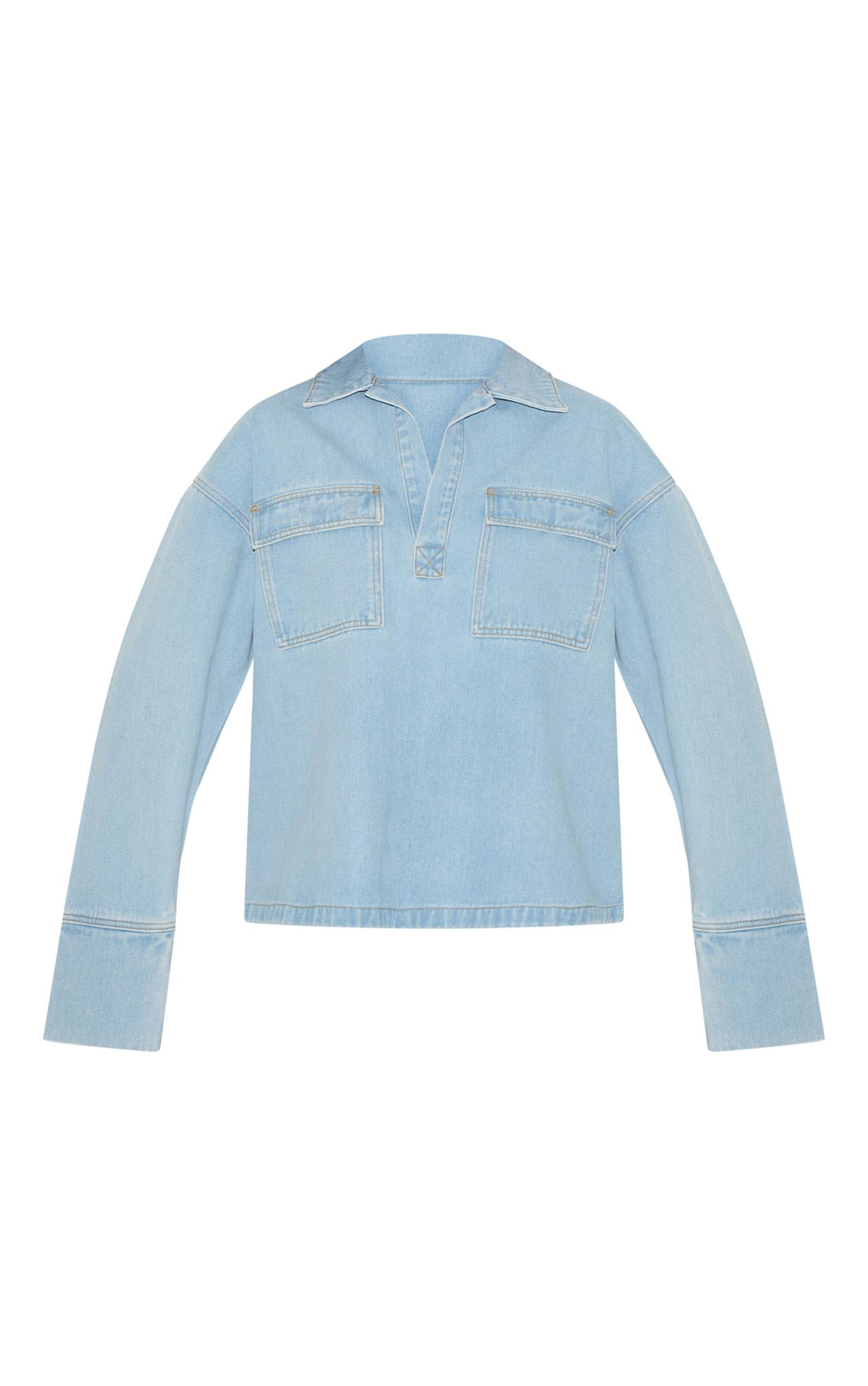 Light Blue Long Sleeve Slouchy Denim Rugby Shirt Product Image