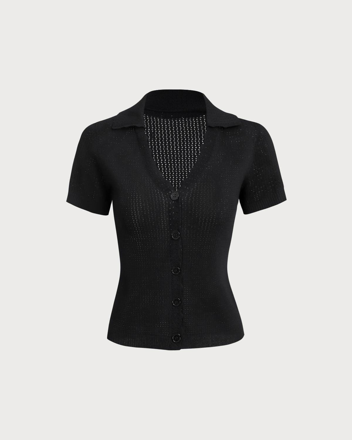 Black V Neck Button Pointelle Knit Tee Product Image