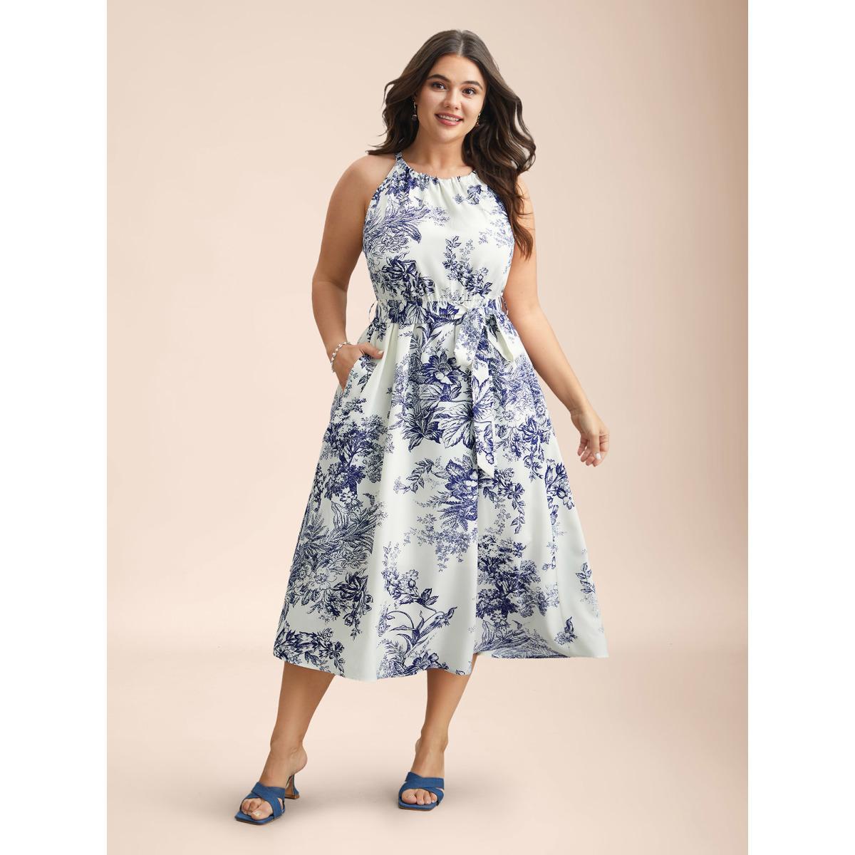 Plus Size Spring Time Florals Sleeveless Midi Dress WhiteSmoke Women Elegant Gathered Halter neck Sleeveless Curvy BloomChic 18-20/2X Product Image