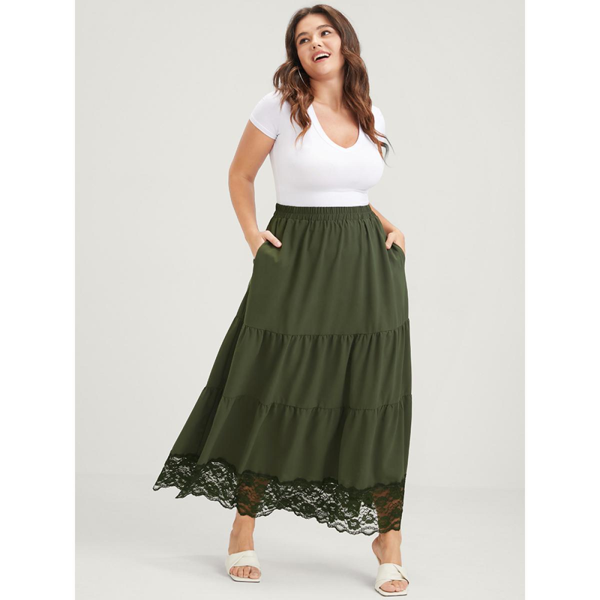 Plus Size Solid Pocket Lace Trim Ruffle Hem Skirt Women ArmyGreen Elegant Patchwork Low stretch Pocket Dailywear Skirts BloomChic 22-24/3X Product Image