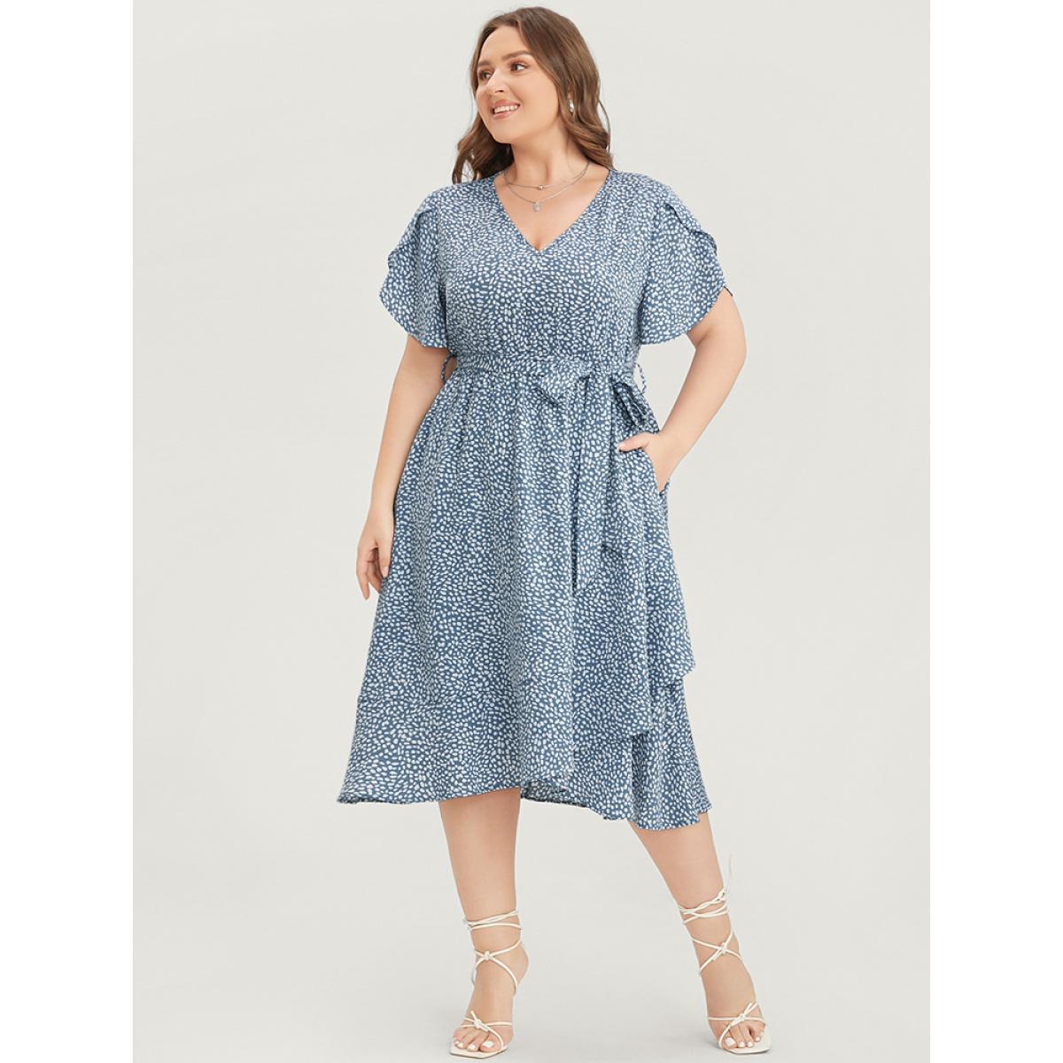 Plus Size Polka Dot Split Sleeve Ruffle Pocket Belted Asymmetrical Hem Dress LightBlue Women Elegant Cross straps V-neck Short sleeve Curvy Midi Dress BloomChic 14-16/1X Product Image