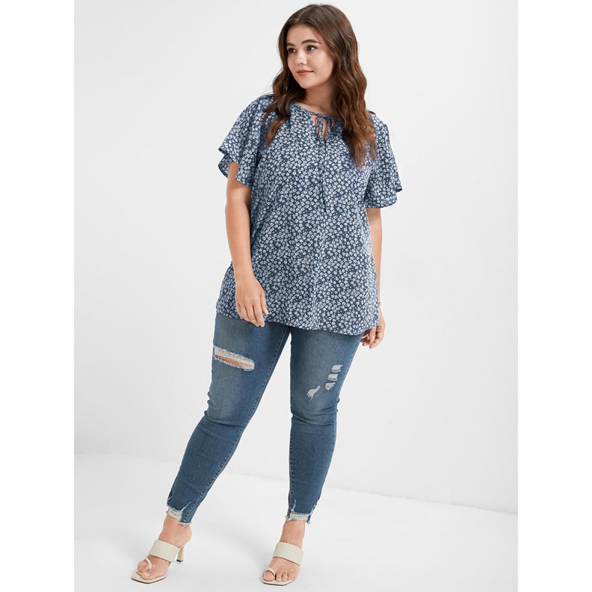 Ditsy Floral Casual Ribbon Neck Plus Size Blouses Women Elegance Ties Ruffle Sleeve Short Sleeve V Neck Dailywear Blouses BloomChic Product Image