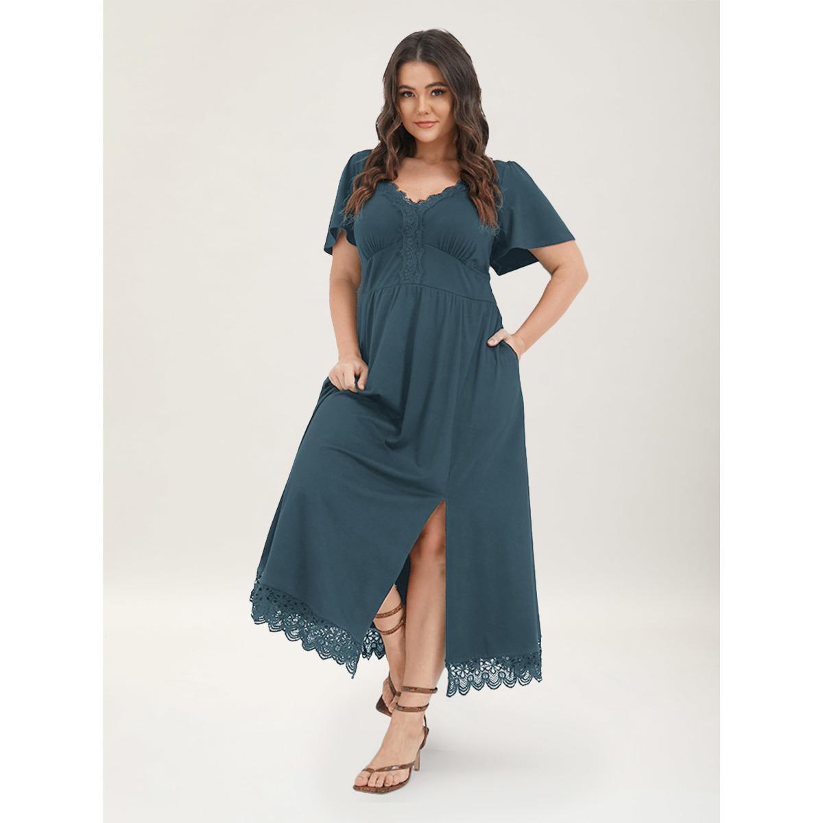 Plus Size Solid Pocket Contrast Lace Split Maxi Dress Aegean Women Elegant Patchwork V-neck Short sleeve Curvy Long Dress BloomChic 10/M Product Image