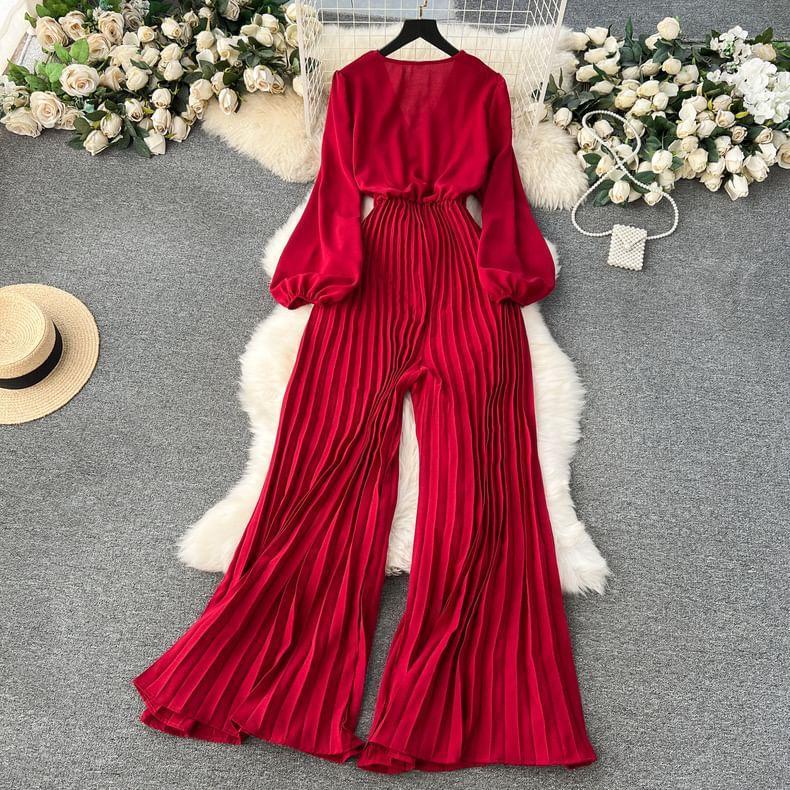 Puff-Sleeve V-Neck Plain Tie Waist Pleated Hem Wide Leg Jumpsuit Product Image