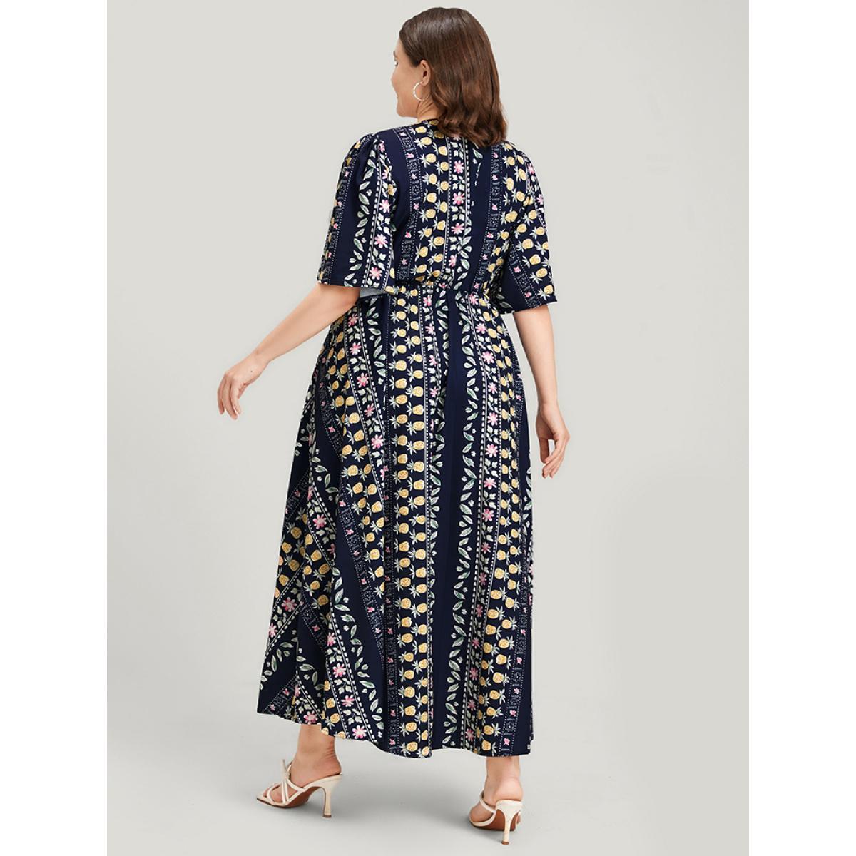 Plus Size Floral Striped Ruffles Split Pocket Wrap Maxi Dress DarkBlue Women Elegant Pocket V-neck Half Sleeve Curvy Long Dress BloomChic 26/4X Product Image
