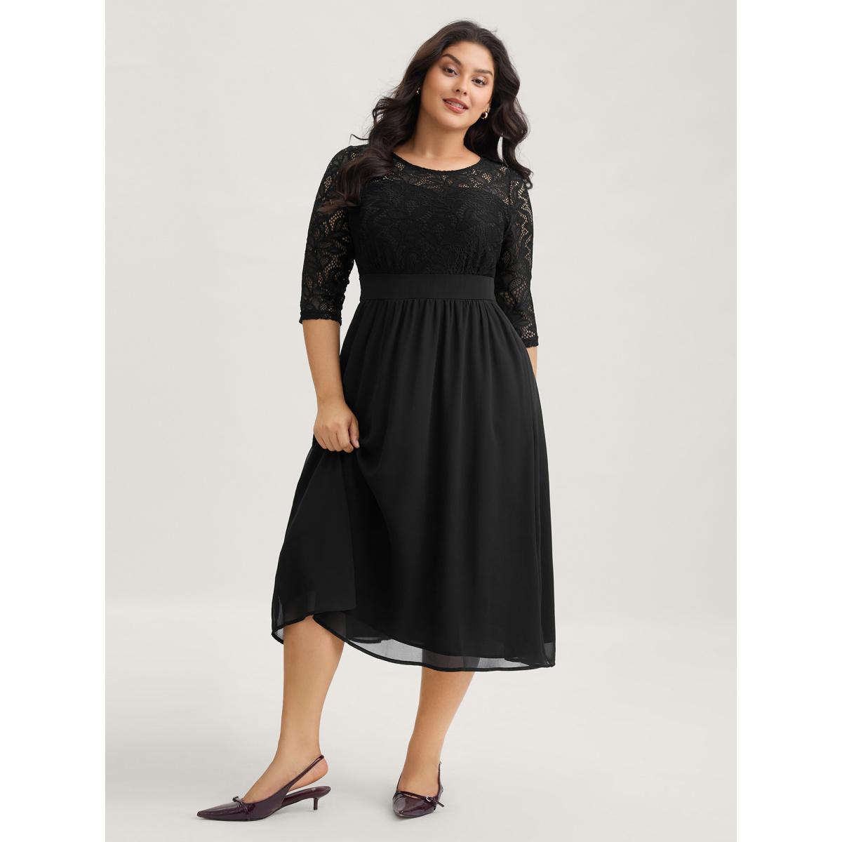 Plus Size Lace Patchwork Shirred Midi Pocket Dress Black Women Cocktail Woven ribbon&lace trim Round Neck Elbow-length sleeve Curvy BloomChic 22-24/3X Product Image