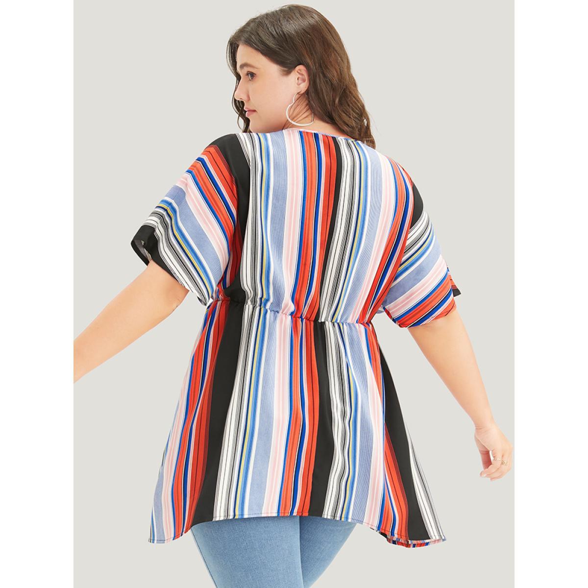 Plus Size Stone Striped Contrast Dolman Sleeve Asymmetrical Hem Blouse Women Vacation Short sleeve V-neck Dailywear Blouses BloomChic 30/6X Product Image