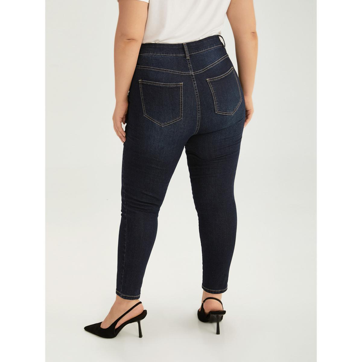 Plus Size Solid Stitch Very Stretchy Patchwork Waist Jeans Women Midnight Casual Plain Plain High stretch Pocket Jeans BloomChic 24/3X Product Image