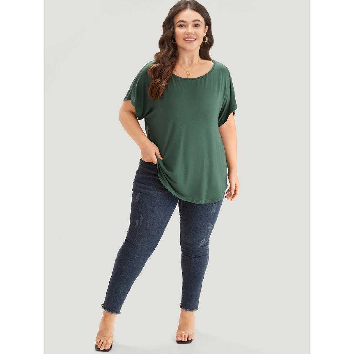 Plus Size Supersoft Essentials Plain Batwing Sleeve Cut Out T-shirt Emerald Women Elegant Plain Plain Round Neck Dailywear T-shirts BloomChic 22-24/3X Product Image