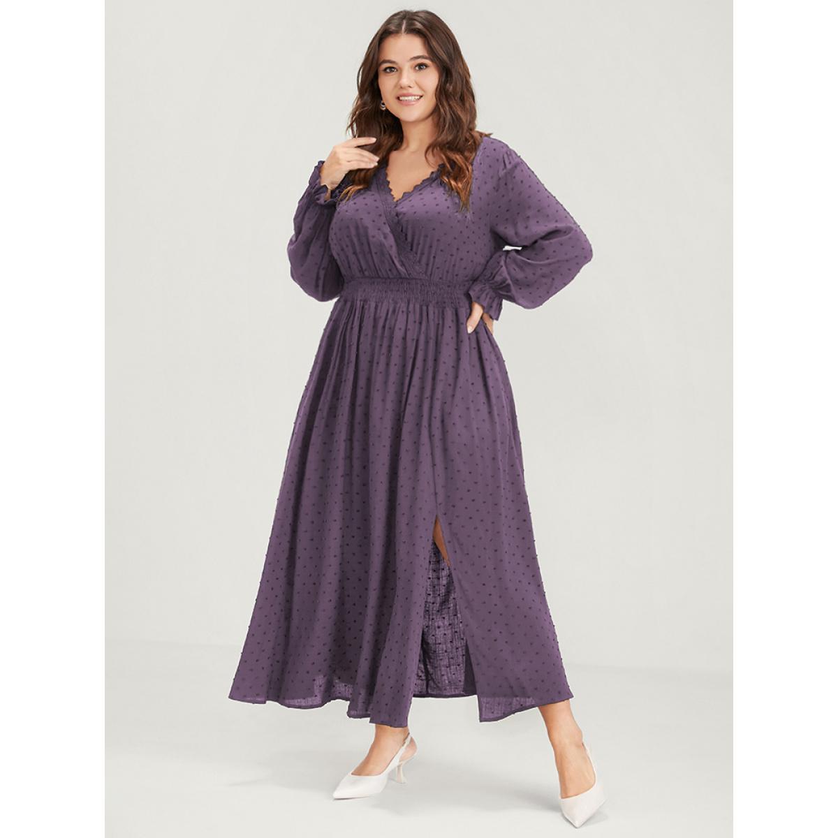 Plus Size Polka Dot Pocket Lantern Sleeve Lace Trim Shirred Dress Mauve Women Elegant Cross straps V-neck Long Sleeve Curvy Long Dress BloomChic 30/6X Product Image