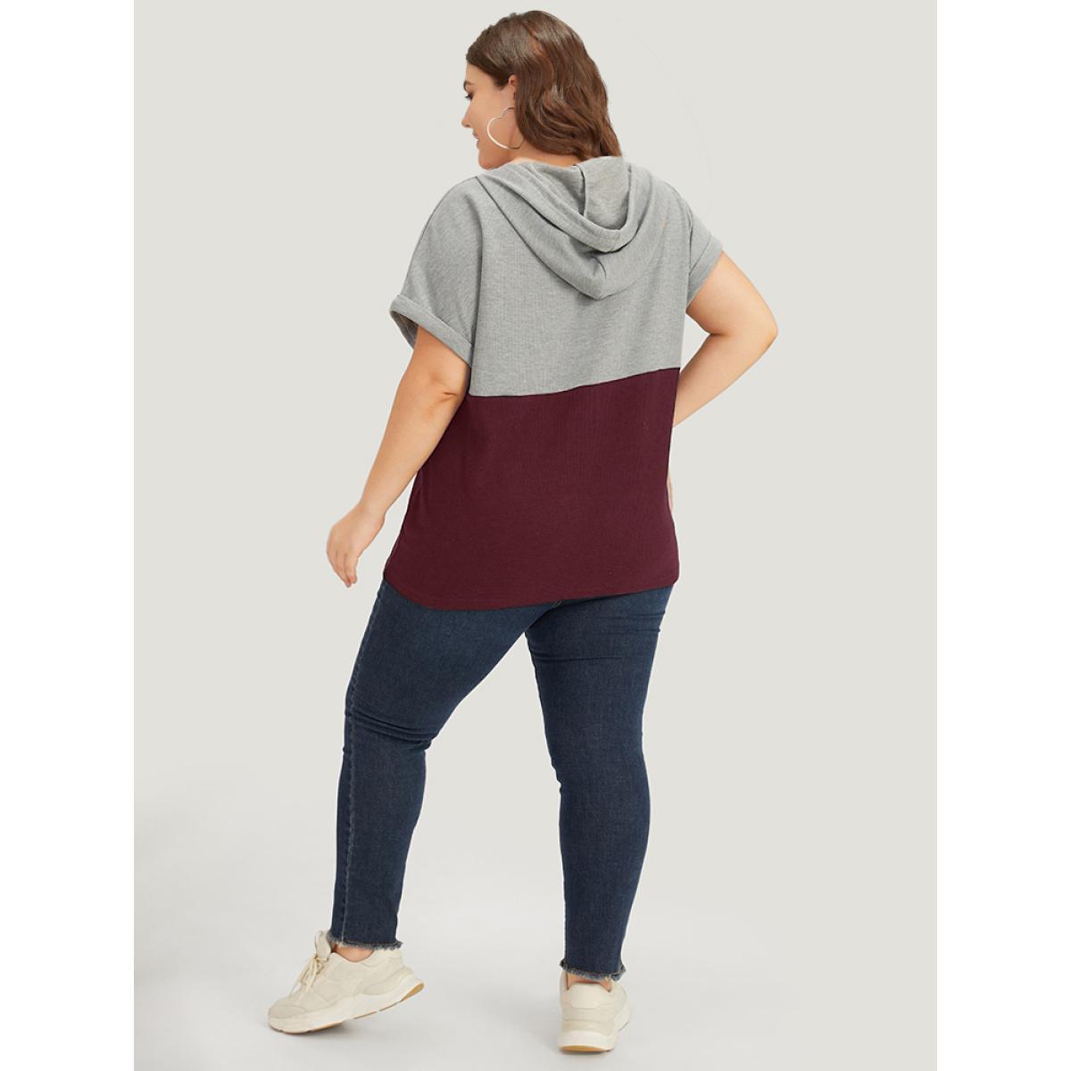 Plus Size Contrast Drawstring Button Up Hooded Roll Dolman Sleeve T-shirt Aegean Women Casual Contrast Plain Hooded Dailywear T-shirts BloomChic 28/5X Product Image