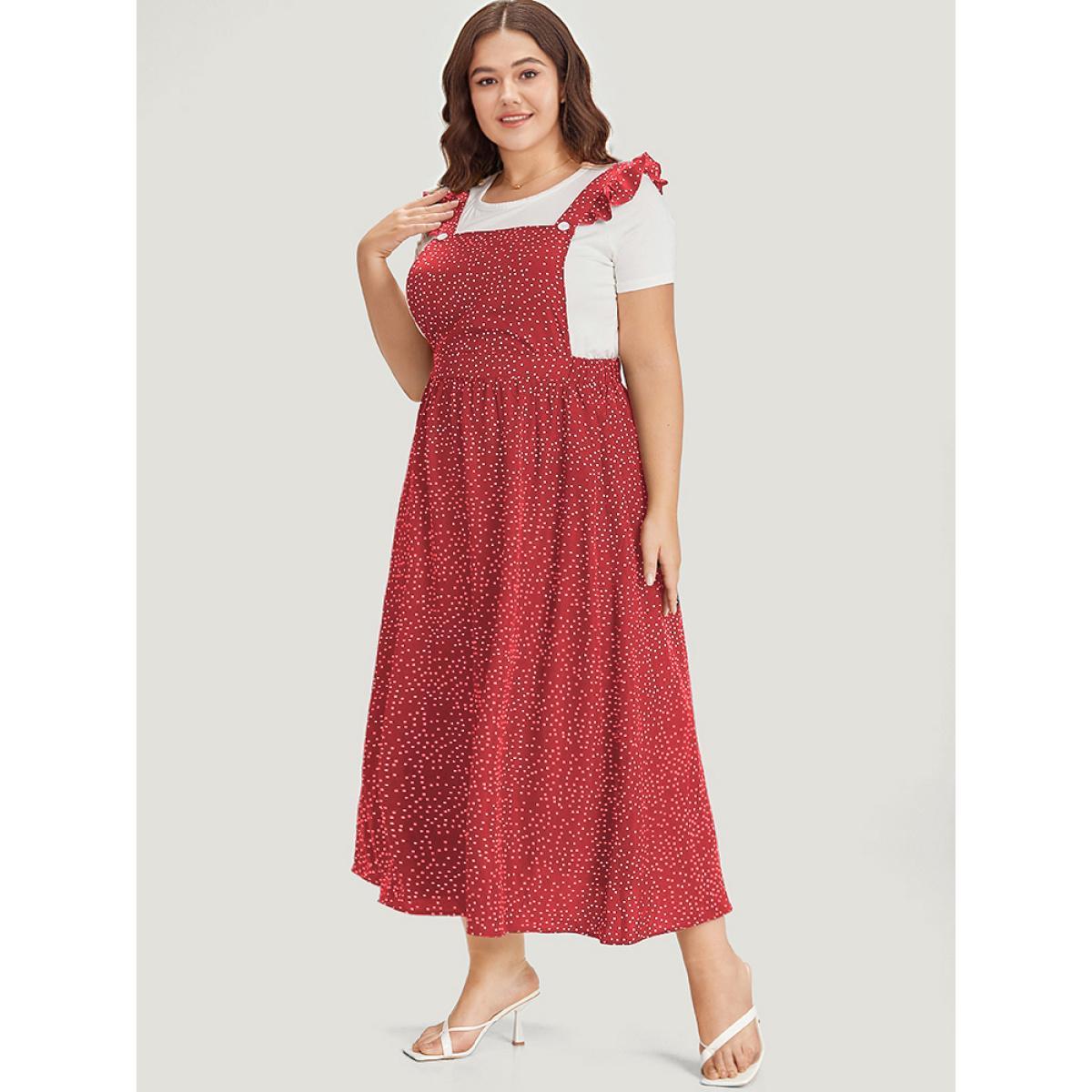 Plus Size Polka Dot Pocket Flutter Trim Overall Dress Burgundy Women Casual Elastic Waist Spaghetti Strap Sleeveless Curvy Midi Dress BloomChic 26/4X Product Image