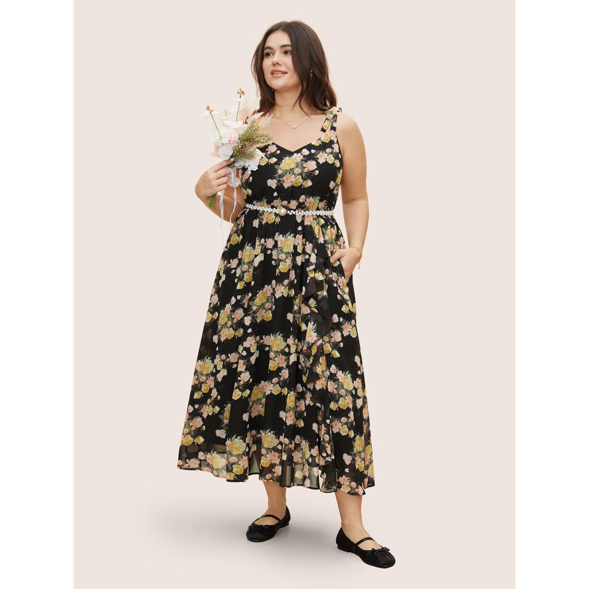 Plus Size Floral Tie Knot Elastic Waist Dress Black Women Formal Tie knot V-neck Sleeveless Curvy BloomChic 10/M Product Image