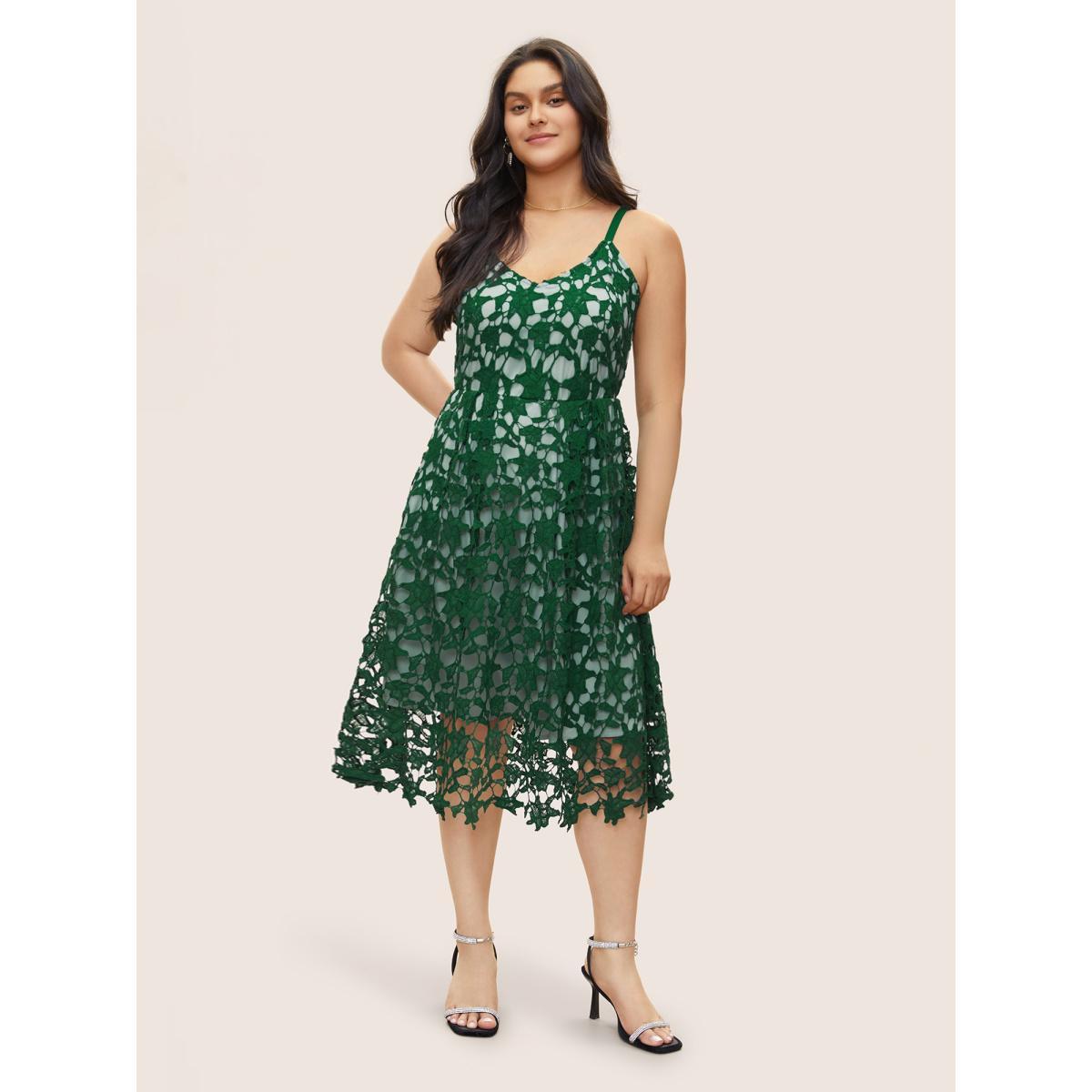 Plus Size Geometric Patchwork Cut Out Adjustable Straps Dress DarkGreen Women Cocktail Non V-neck Sleeveless Curvy Midi Dress BloomChic 26/4X Product Image