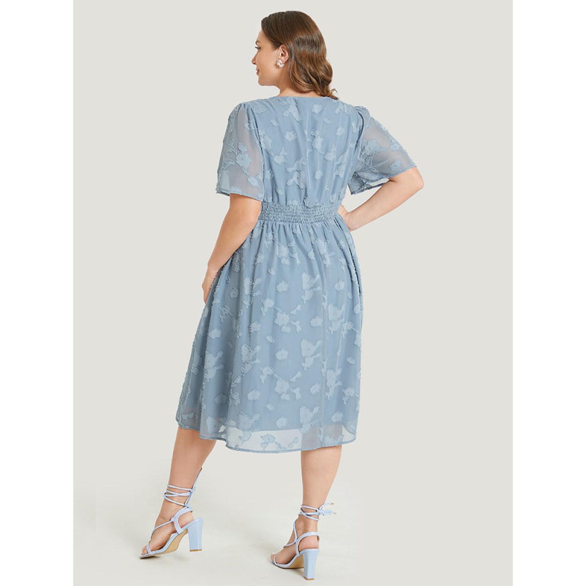 Plus Size Solid Textured Ruffle Pocket Shirred Waist Dress Stone Women Elegant Lined V-neck Short sleeve Curvy Midi Dress BloomChic 10/M Product Image