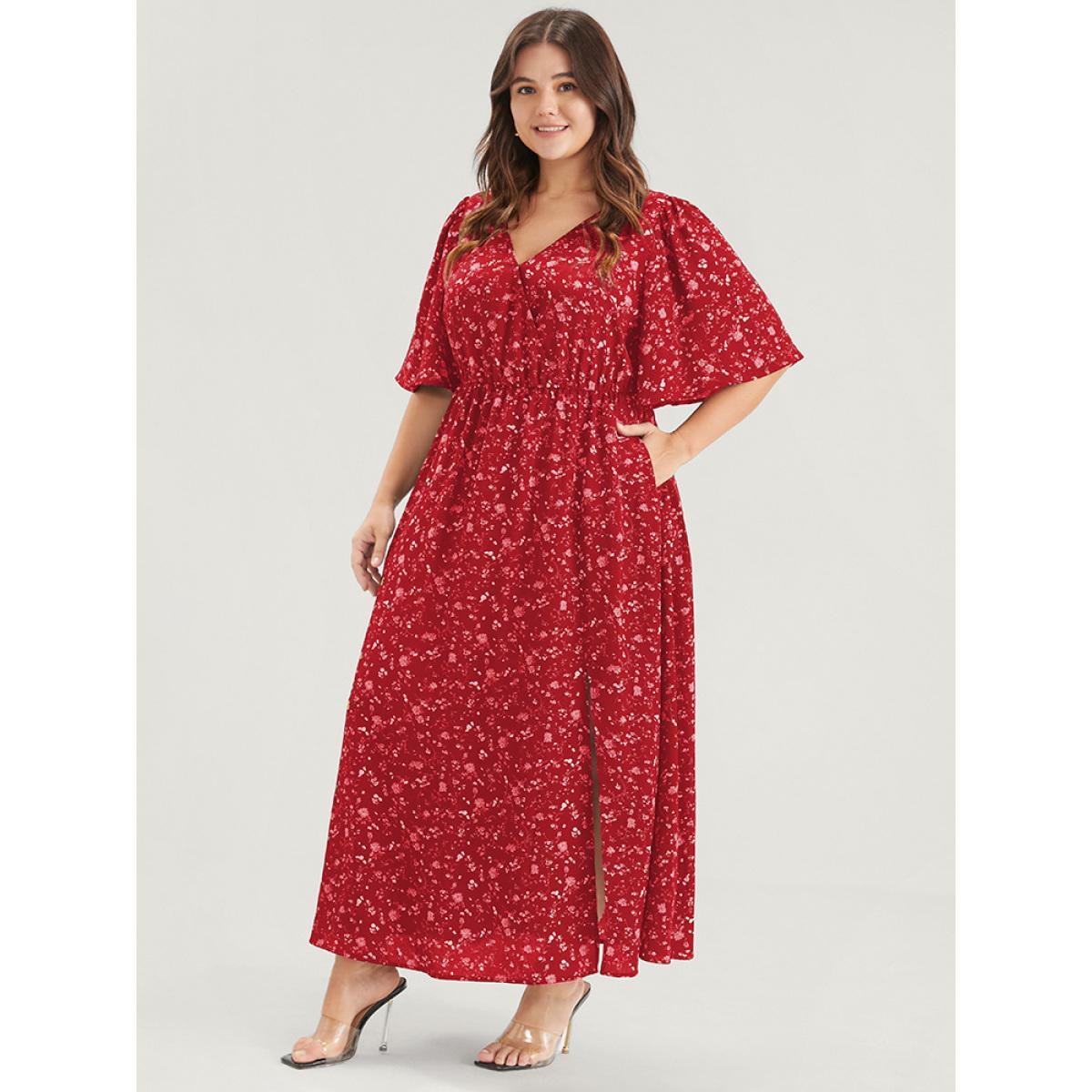 Plus Size Floral Print Split Pocket Wrap Button Ruffled Maxi Dress Red Women Elegant Printed V-neck Half Sleeve Curvy Maxi Dress BloomChic 28/5X Product Image