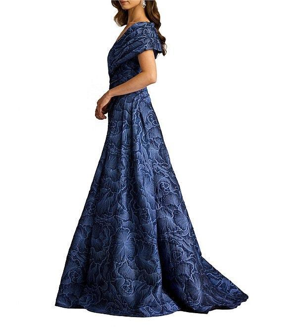Tadashi Shoji Off-The-Shoulder Drape Front Floral Jacquard A-Line Gown Product Image