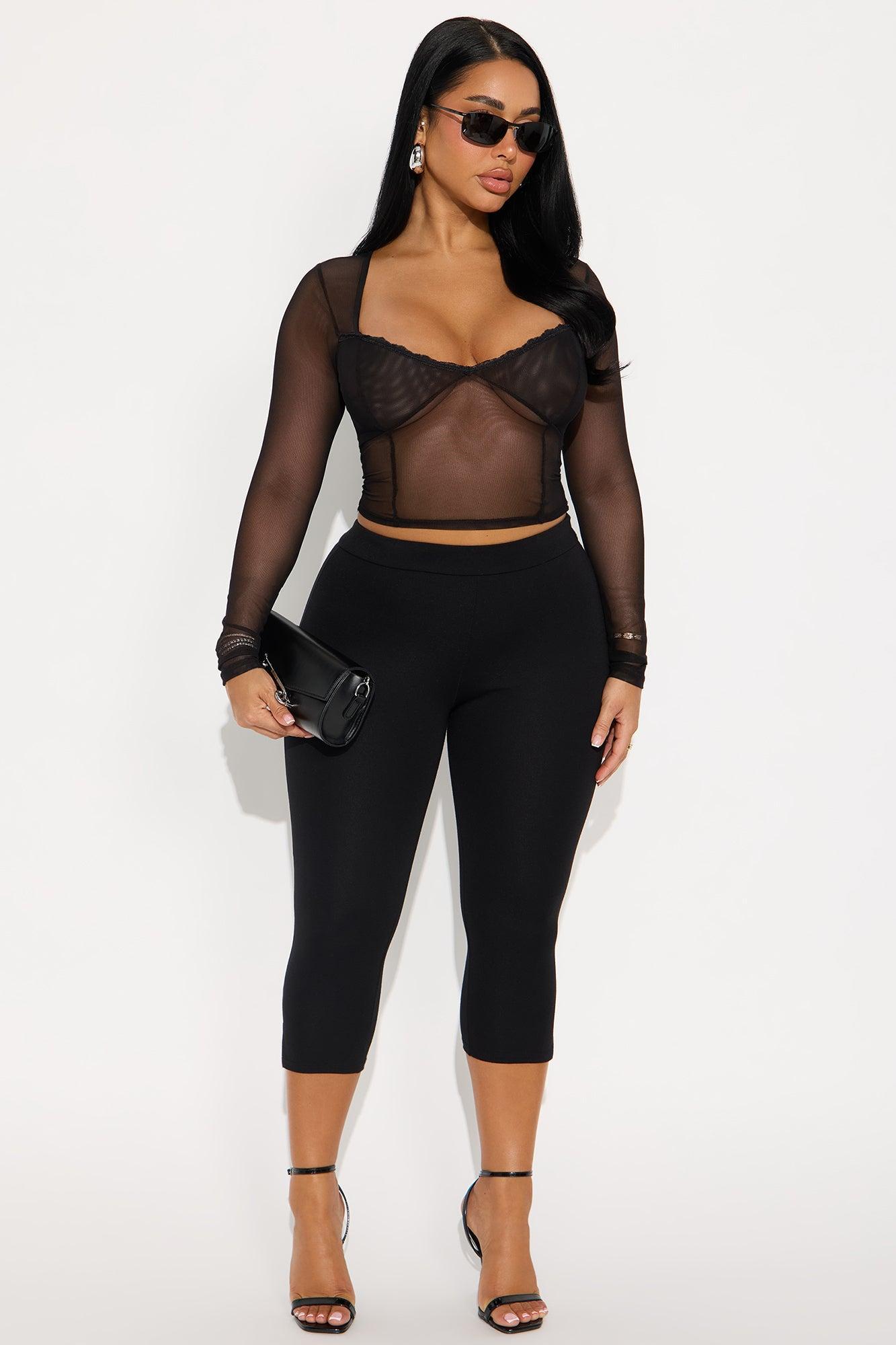 Heather Mesh Long Sleeve Top - Black Product Image