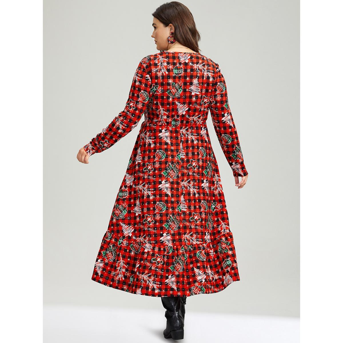 Plus Size Gingham Crew Neck Pocket Elastic Waist Dress Red Women Casual Printed Round Neck Long Sleeve Curvy Midi Dress BloomChic 28/5X Product Image