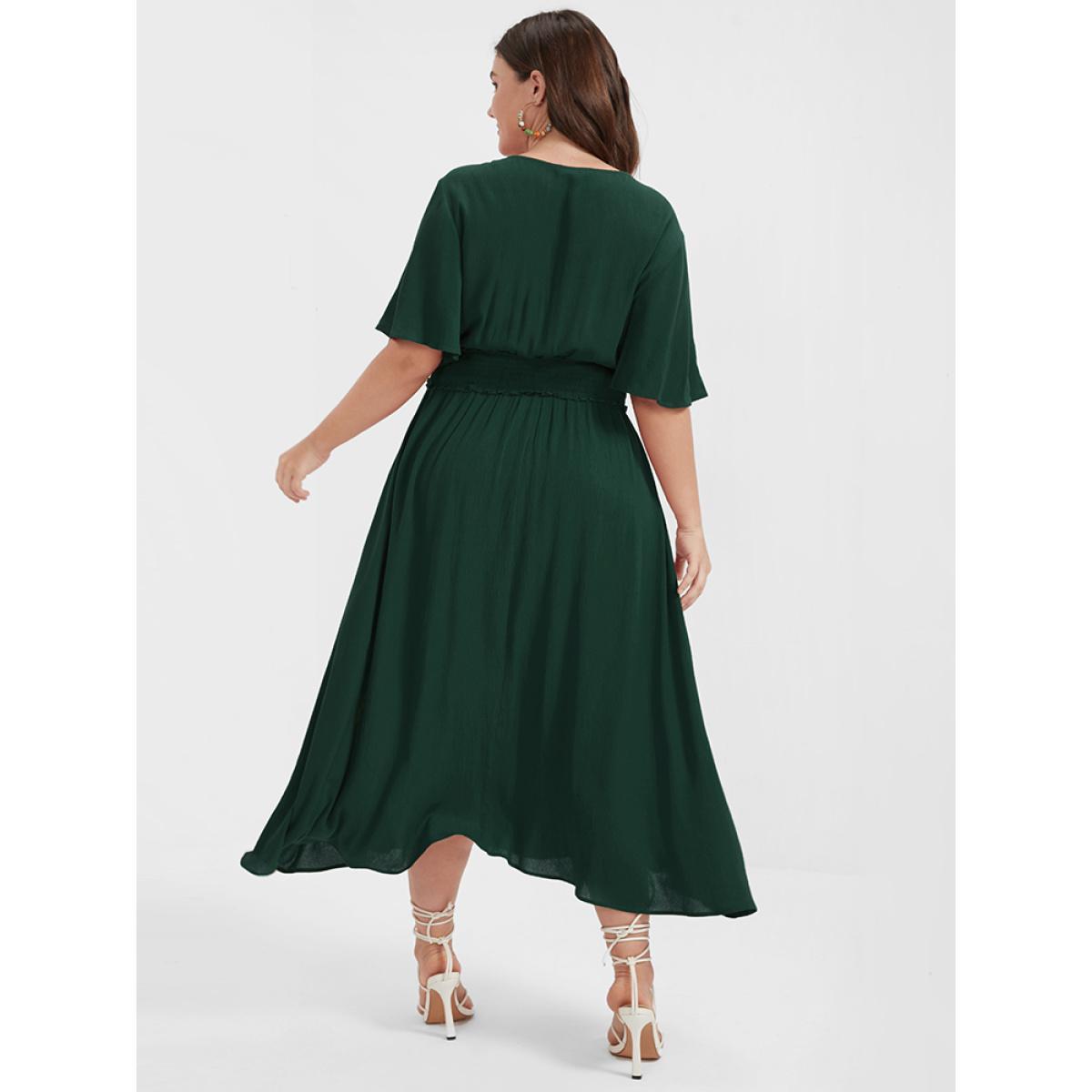 Plus Size Plain Shirred Button Elastic Waist Ruffles Midi Dress DarkGreen Women Elegant Elastic Waist V-neck Short sleeve Curvy Midi Dress BloomChic 28/5X Product Image