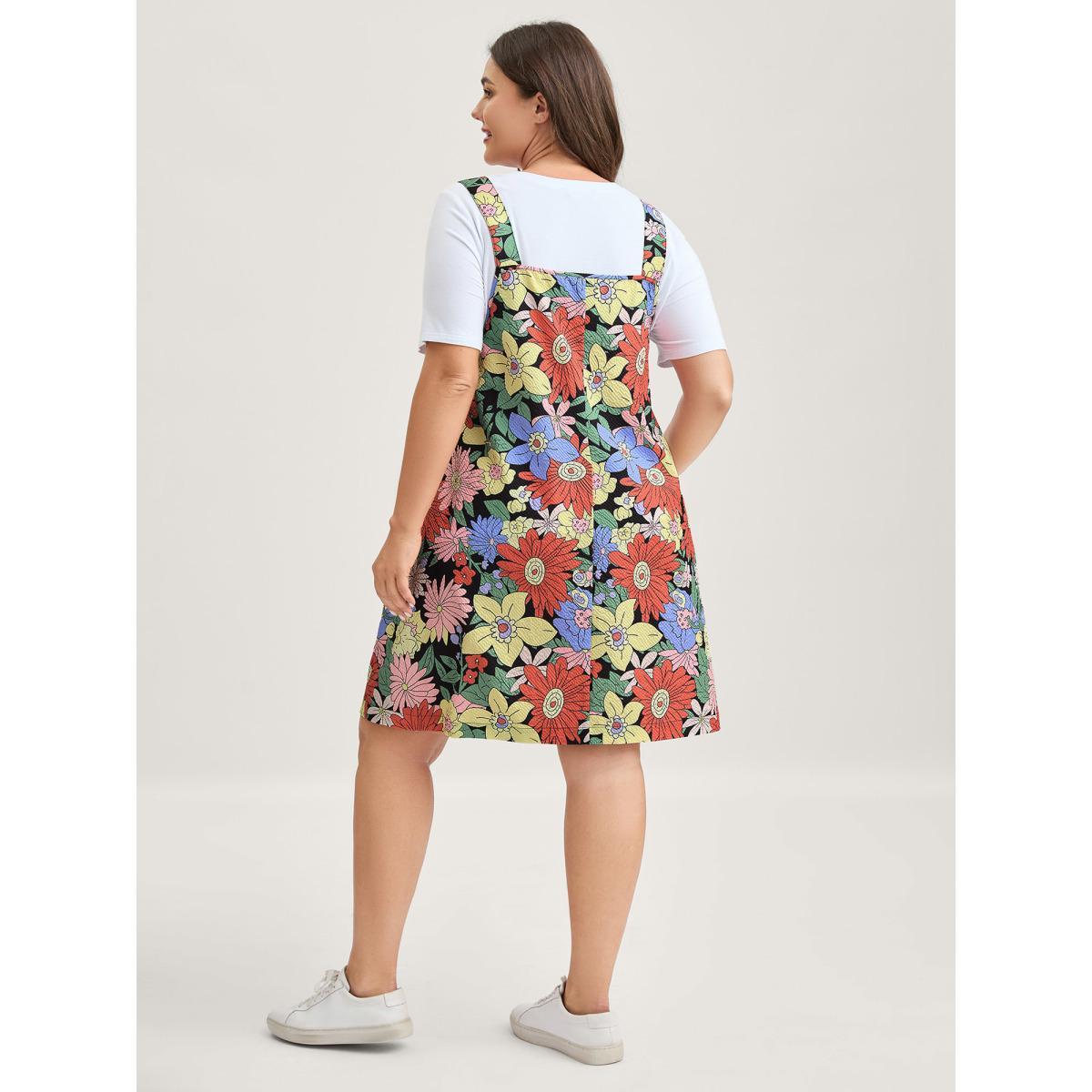 Plus Size Floral Print Textured Overall Straps Dress Multicolor Women Round Neck Sleeveless Curvy BloomChic 10/M Product Image