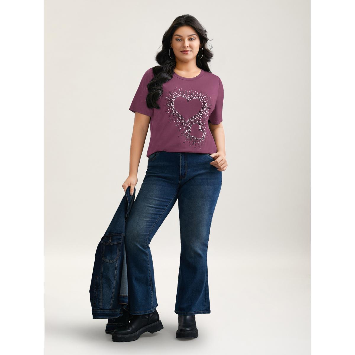 Plus Size Crew Neck Rhinestone Heart T-Shirt Deeppurplered Women Casual Rhinestone detailing Round Neck Everyday T-shirts BloomChic 22-24/3X Product Image