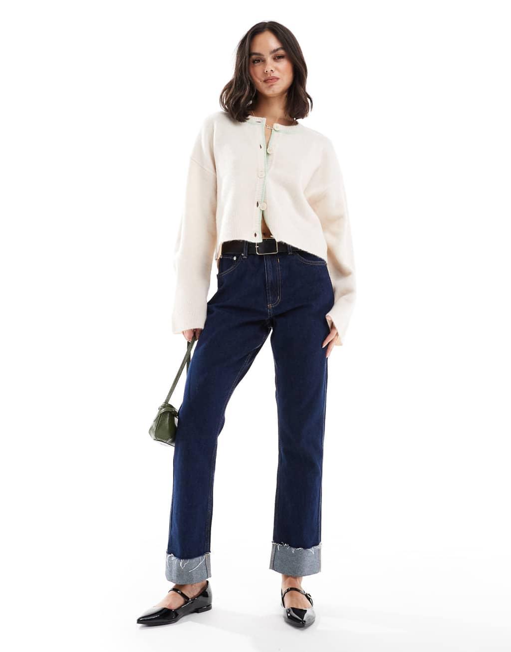 ASOS DESIGN crew neck cardigan with tipping detail in cream Product Image